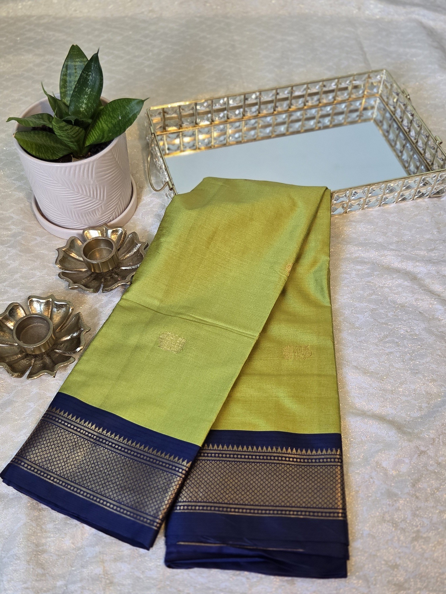 Gadwal - Semi Silk-Neon green with blue border