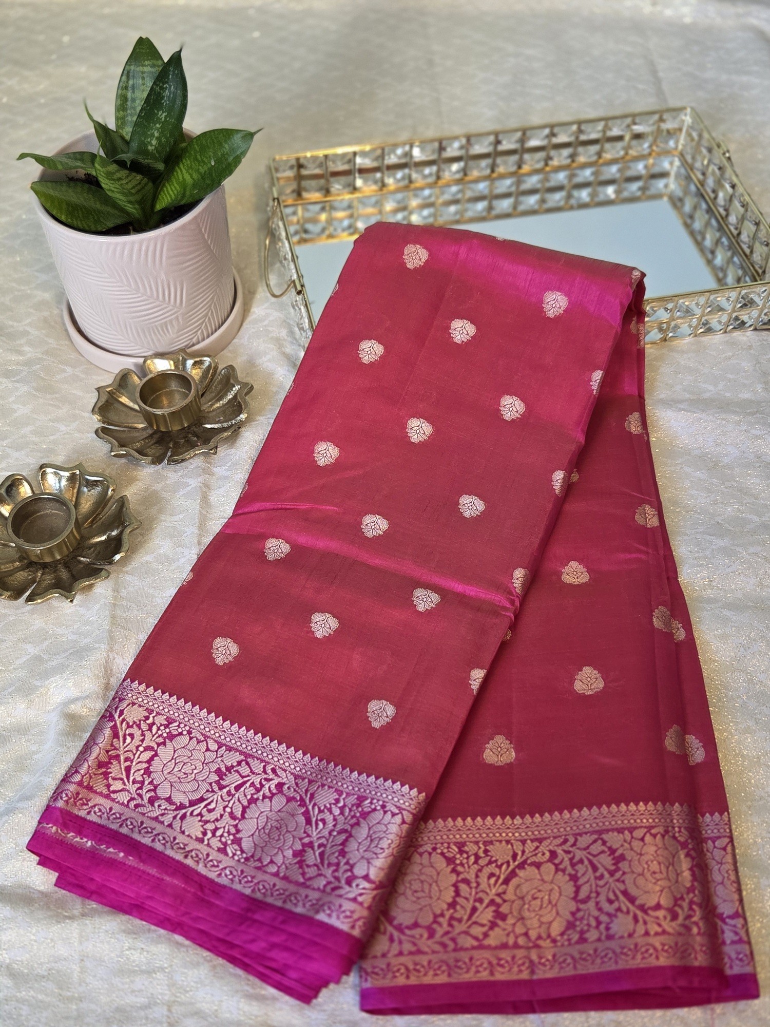 Semi Tussar - Light Weight Dual Shade Rose Pink with floral border & buttas