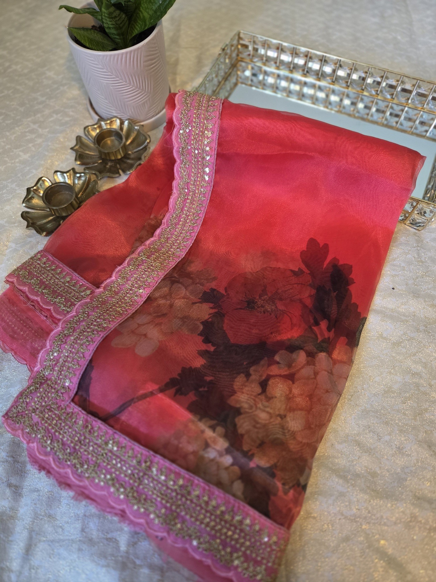Red Organza saree with Digital print and embroided blouse