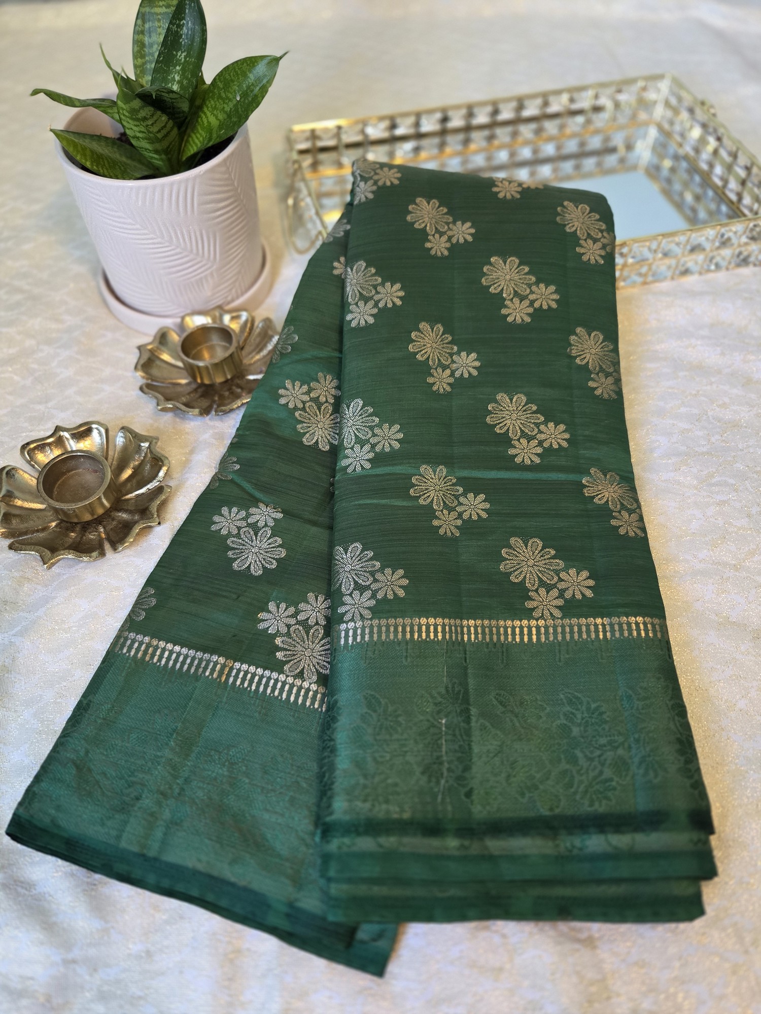Semi Tussar Dual Shade Green with full weaving body